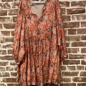 Entro Floral Long Sleeve Dress - Orange and Brown